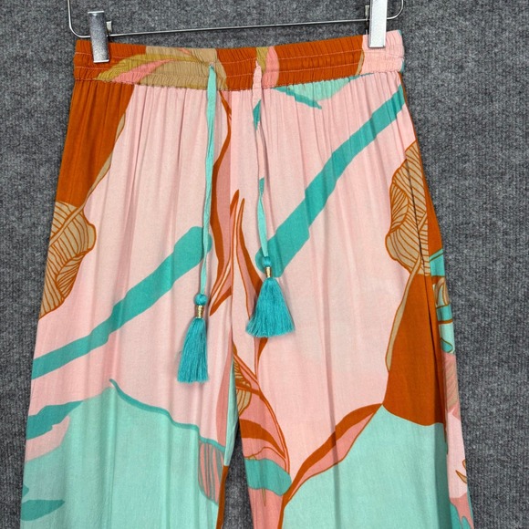 True Destinations Pants Womens Small Teal Pink Tropical Floral Wide Leg Resort - Picture 2 of 12